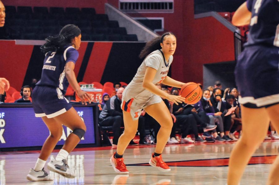 Guard, Aaliyah Nye, makes a play during the game against Northwestern on Sunday. The Illini were not able to secure the win against Northwestern losing 59-82.