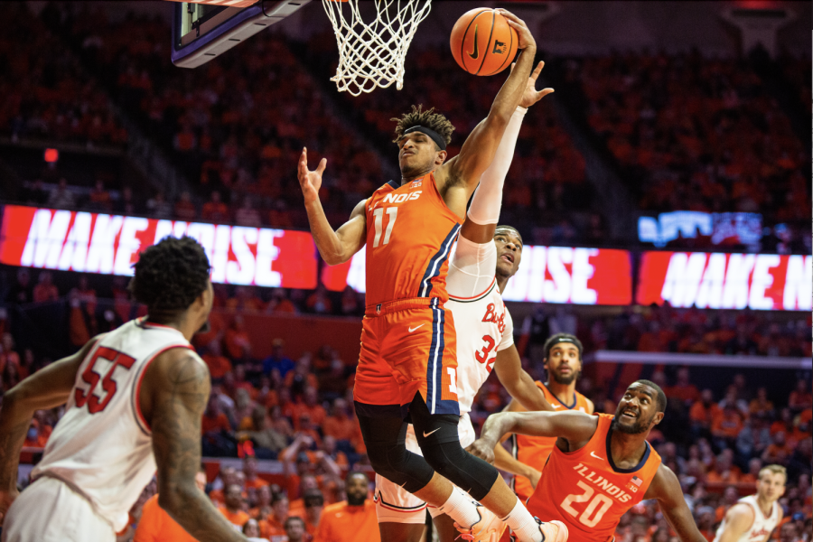 Graduate student guard Alfonso Plummer grabs a defensive rebound during the first half of No. 15 Illinois mens basketballs game against No. 22 Ohio State at State Farm Center on Thursday night.