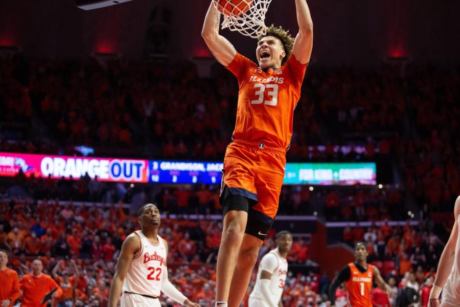 Sophomore forward flushes a dunk during the second half of No. 15 Illinois 86-83 loss to No. 22 Ohio State at State Farm Center on Thursday. Hawkins had one of his best games of the season, scoring 10 points and playing solid defense all night.