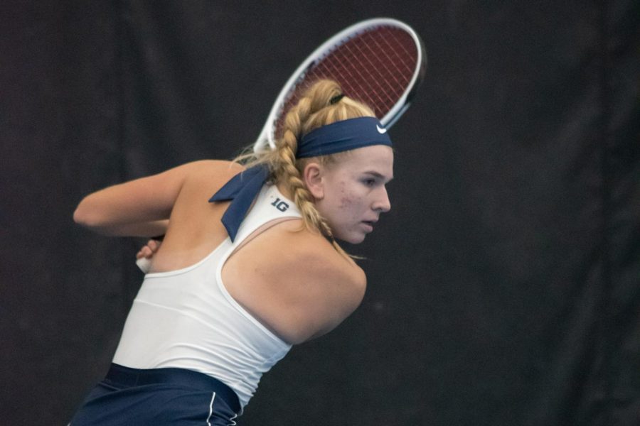 Illinois womens tennis Megan Heuser prepares to hit the ball back during her doubles match with Kate Duong against Illinois State on Sunday. Heuser and Duong won their match and the Illini won 7-0. 