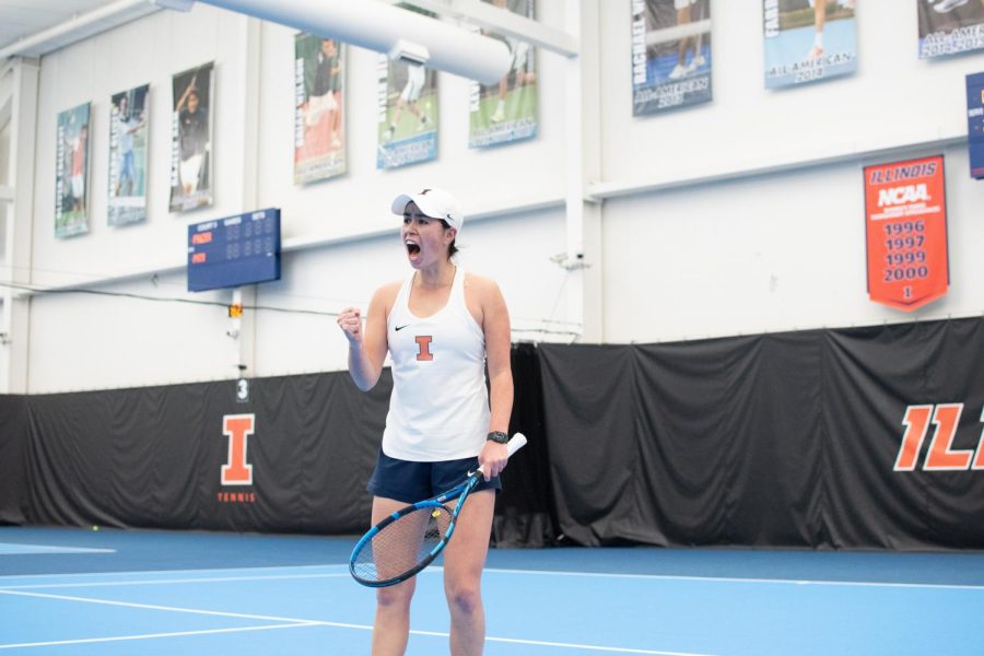 Kate Duong celebrates during her singles competition against ISU on Feb. 6. The Illini will be against Missouri on Sunday. 