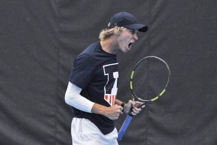 Freshman Gabrielius Guzauskas celebrates during his singles match against Chicago State on Jan. 22. The Illini lose both their games against Michigan and Notre Dame. 