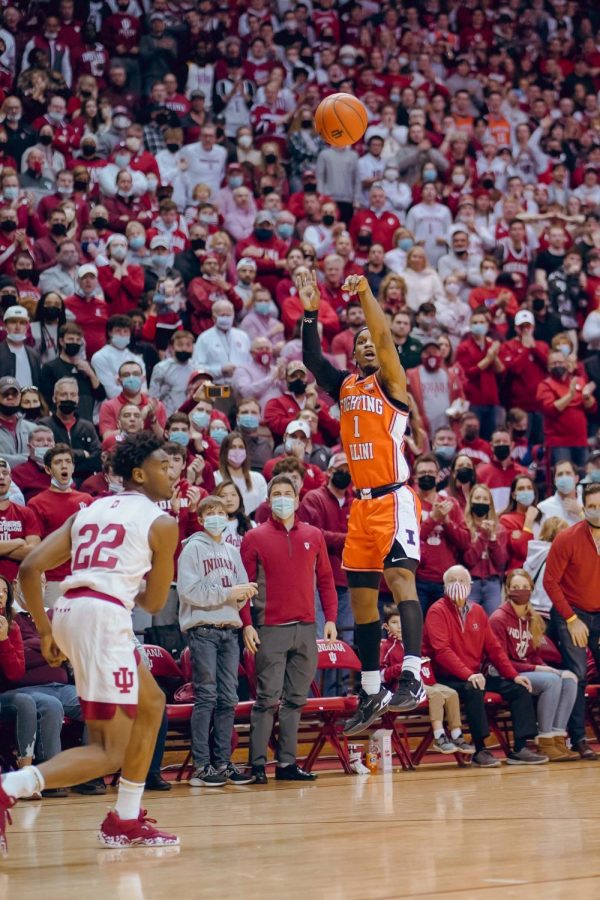 Trent Frazier takes a jump shot during Illinois mens basketballs game against Indiana at Simon Skjodt Assembly Hall in Bloomington on Saturday. Frazier recorded a game-high 23 points in the win, though his efforts on both offense and defense were crucial in the Illinis 74-57 win. 