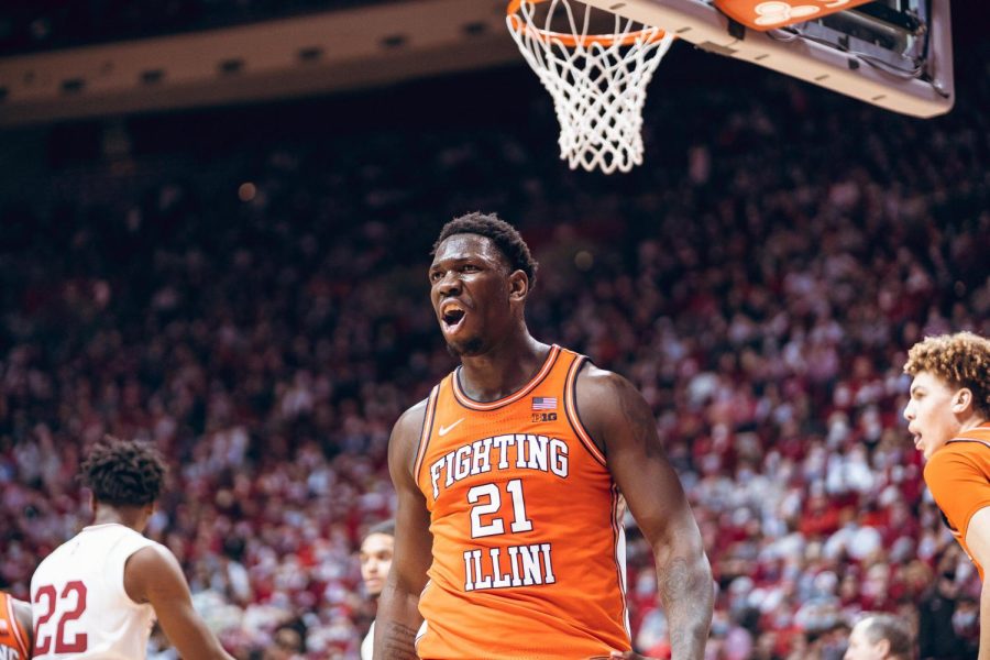 Junior+center+Kofi+Cockburn+celebrates+during+Illinois+mens+basketballs+game+against+Indiana+at+Simon+Skjodt+Assembly+Hall+in+Bloomington+on+Saturday+Cockburns+defense+was+crucial+in+the+Illinis+second-half+improvements.