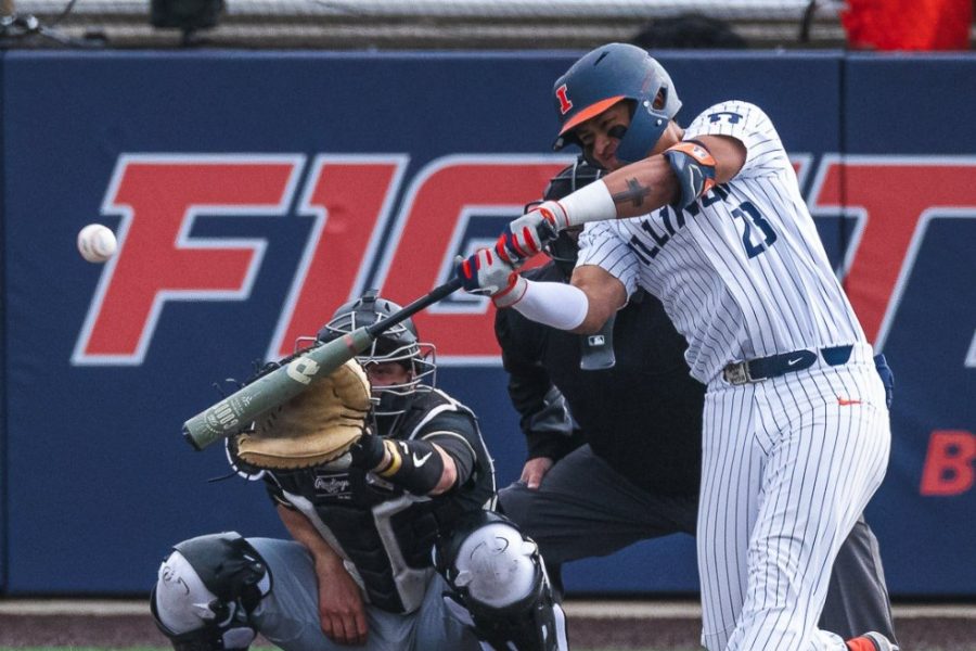 Infielder Branden Comia swings his bat during a game against Purdue on April 19. The Illini won their first game against Middle Tennessee on Friday, but fall to Middle Tennessee and Coastal Carolina on Saturday. 