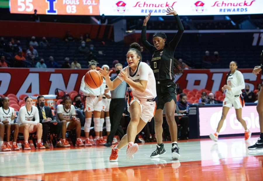 Guard, Aaliyha Nye, receives a pass against Florida State on December 2nd. Nye goes on to play a prominent role shooting threes against the Badgers on Wednesday resulting in a win.  