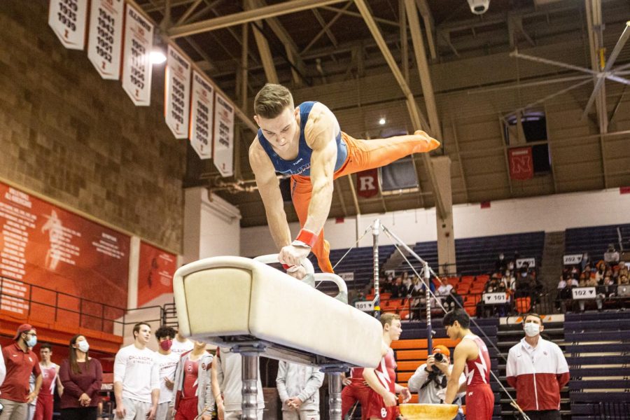 Gymnast Michael Fletcher executes his routine for his pommel horse event during the competition against Oklahoma on Feb. 12. The Illini will be on the road for a tri-meet against Minnesota and Nebraska. 