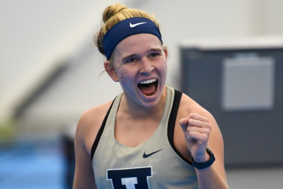 Freshman Megan Heuser celebrates a won point during her doubles match alongside Sophomore Kate Duong against Missouri on Feb. 13. The Illini lost to both of their matches against Kansas and Oklahoma on Friday and Saturday. 