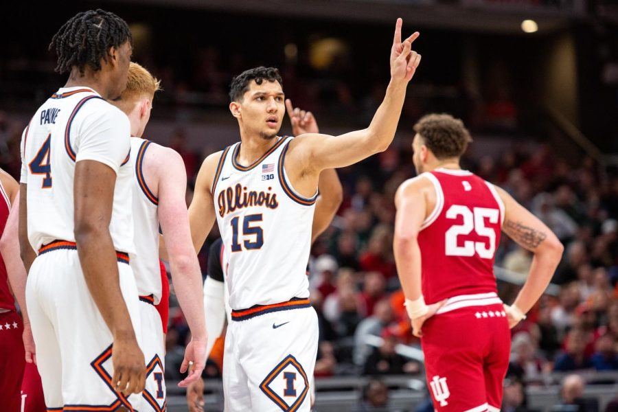 Freshman guard RJ Melendez makes a gesture toward the bench during Illinois loss to Indiana at Gainbridge Fieldhouse on March 11. Melendez and fellow freshman guard Luke Goode stepped up on Sunday, scoring a combined 15 points, but the Illini fell to the No.5 Houston Cougars, 68-53.
