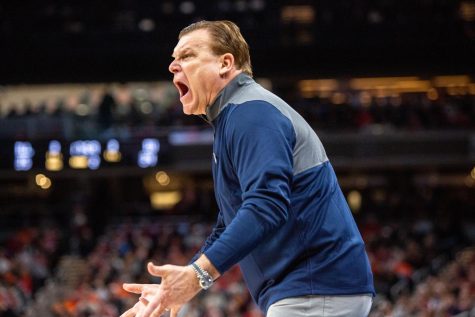 Illinois men’s basketball head coach Brad Underwood yells at the players during Big Ten Tournament game against Indiana on March 11. Sports On-Air Editor Josh Pietsch believes that even with the tough loss against No. 4 Houston, Underwood will bring the team in the right direction for the next season.  