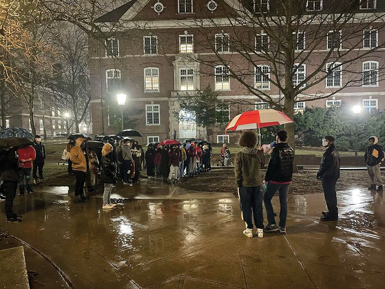 Members of the Students for Socialism and Liberation and the C-U Party for Socialism and Liberation gather outside Foellinger Auditorium as a walk out of the Jeff Sessions event on Feb. 2. Columnist Jude Race argues that people should be more open-minded when it comes to engaging with others with different beliefs. 
