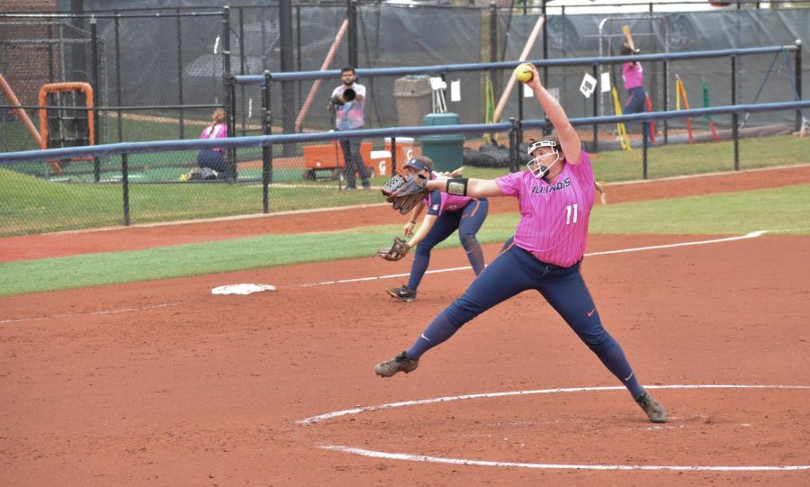 Pitcher Tori McQueen winds up a pitch against UIS on Oct. 2. Illinois will be evenly matched during the upcoming game on Wednesday against Indiana.  