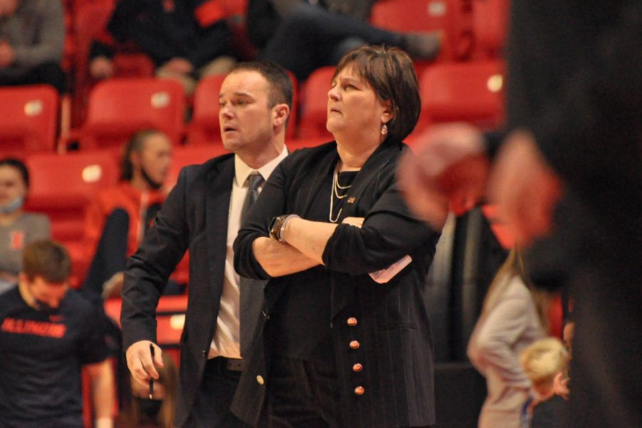 Womens basketball head coach Nancy Fahey watches the team during the game against Northwestern on Feb. 21. Fahey announces her retirements after 36 years coaching and leaving with a record of 779-232.
