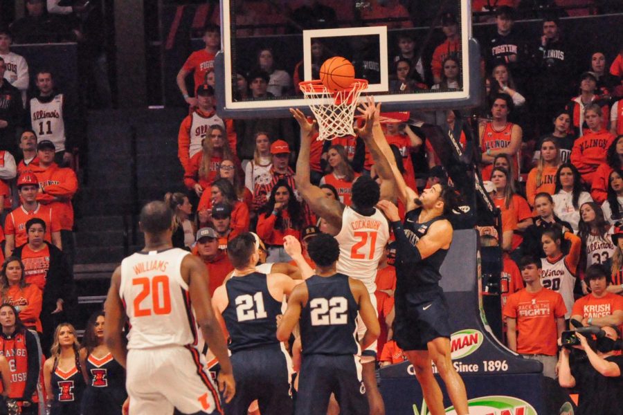 Junior center Kofi Cockburn goes up for an offensive rebound during the first half of Illinois mens basketballs game against Penn State at State Farm Center on Thursday. 