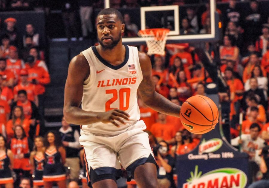 Fifth-year senior guard DaMonte Williams dribbles while looking for teammates in Illinois 60-55 win over Penn State at State Farm Center on Thursday. Williams scored a team-high 14 points, which were much needed as other starters struggled on offense.