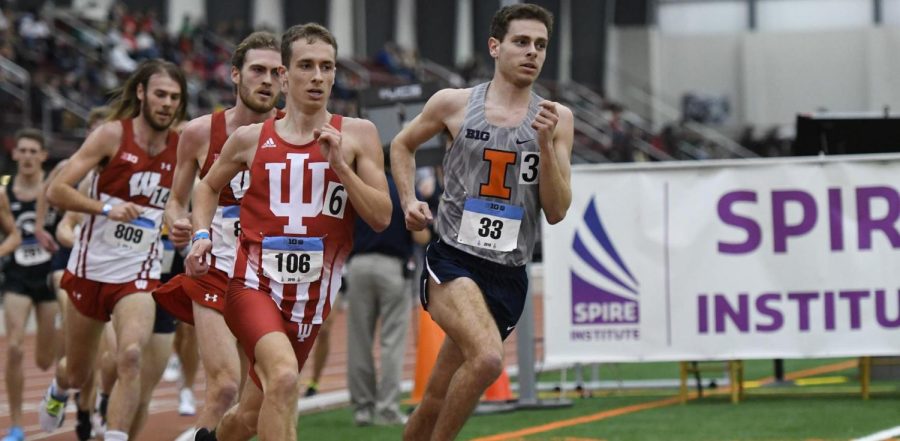 Distance runner Jon Davis runs during his event at the Big Ten Indoor Championship in 2018. Davis placed fourth for the mens mile for the Big Ten Indoor Championship. 