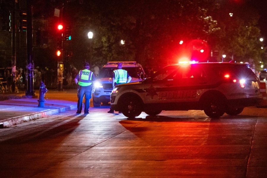 University police patrolling Green and Wright Street on Aug. 8, 2020. Police investigate suspicious package found at Smith Memorial Hall with no threat detected. 