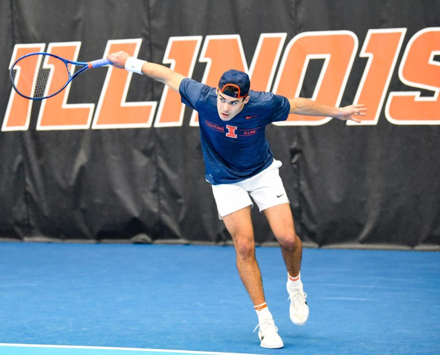 Graduate Student Olivier Stuart hops into position to prepare for the opposing team on Feb. 19. Illinois went on to win three matches leading to the conclusion of the season on Sunday. 