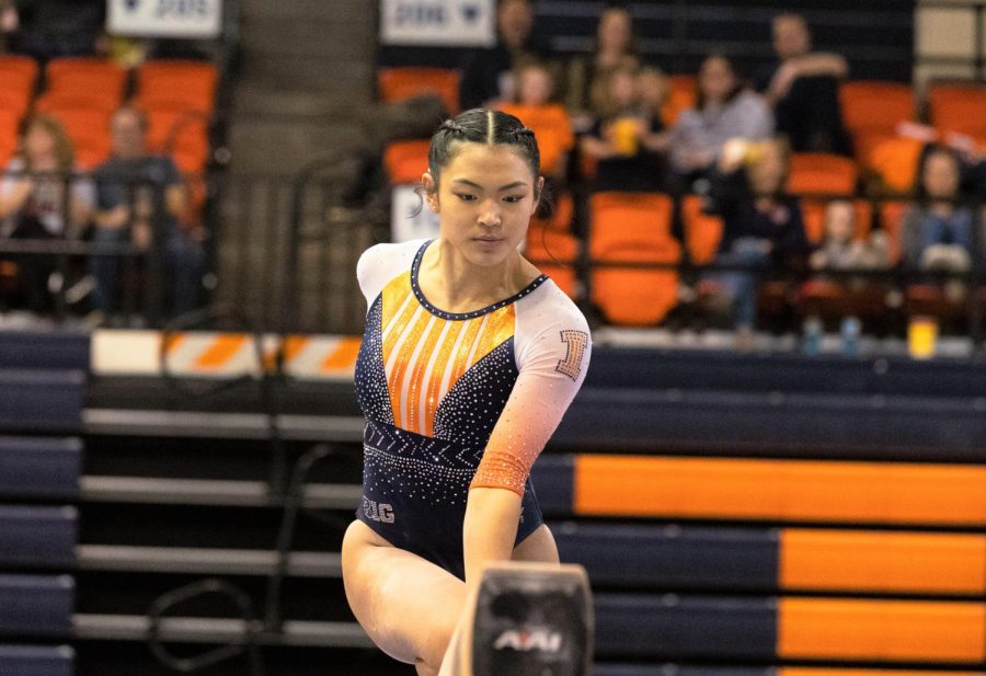 Junior Mia Takekawa performs on the balance beam during a meet against Central Michigan, Northern Illinois and Boise State on March 4. Takekawa placed 20th on uneven bars during her final performance of the season at Fort Worth, Texas.   
