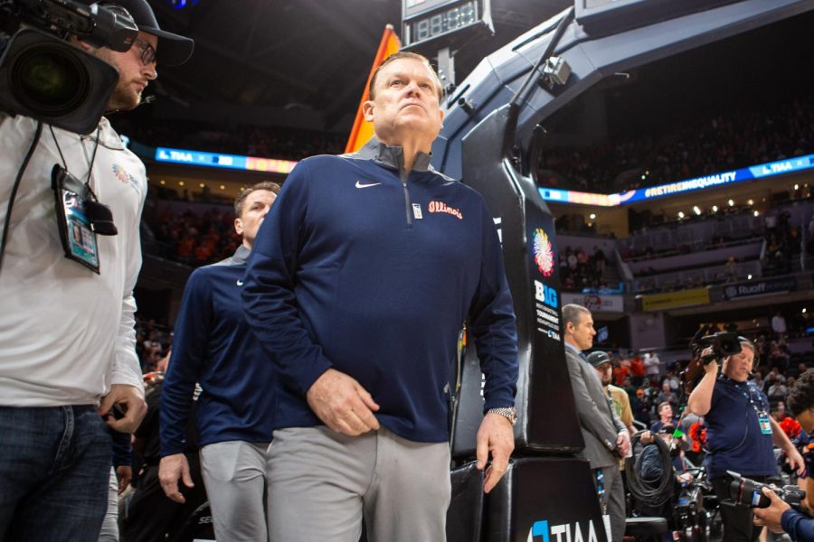 Illinois head coach Brad Underwood talks onto the court before the game against Indiana for the Big Ten Tournament on March 11. With guard Andre Curbelo entering the transfer portal and some players having no eligibility left, the mens basketball roster will look much different for the upcoming season.  