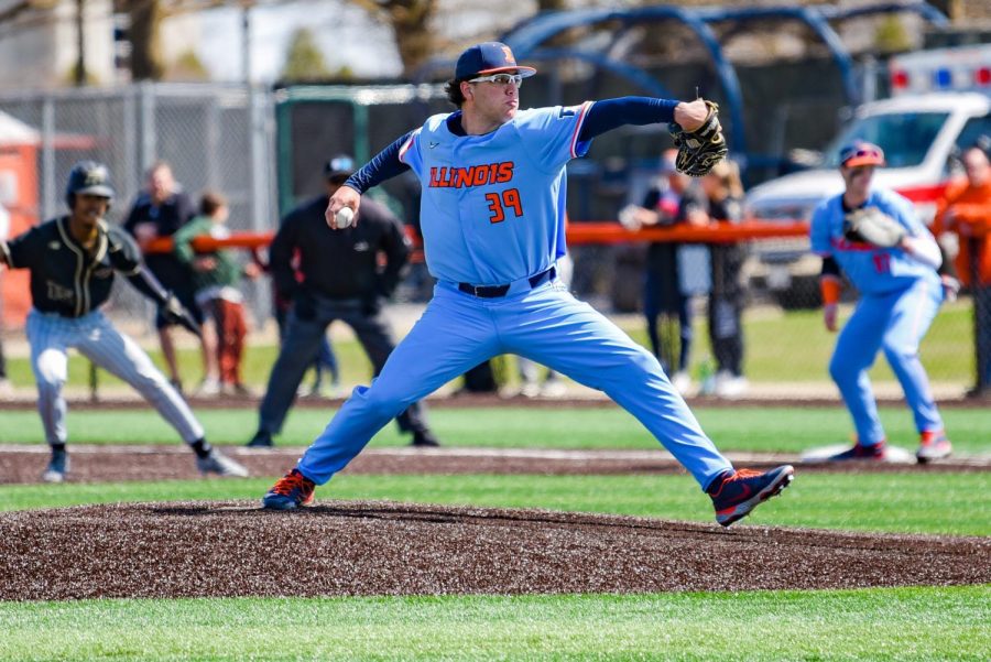 Sophomore pitcher Jack Crowder prepares to pitch the ball during the game against Purdue on April 3. The Illini will on the road to Indiana for 3 match ups over the weekend. 