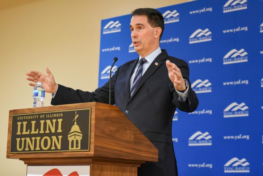 Former+Governor+of+Wisconsin+Scott+Walker+speaks+at+the+Illini+Union+on+Tuesday.+Walker+now+serves+as+the+president+for+Young+America%E2%80%99s+Foundation.
