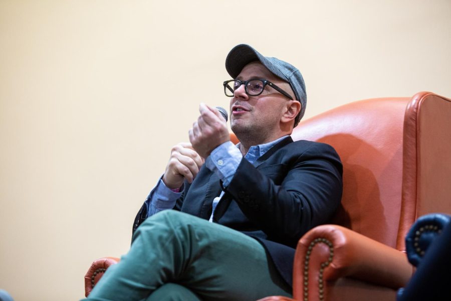 Actor Steve Burns answers students questions at the Illini Union on Thursday. Burns talked about his journey into becoming Steve from Blue Clues with his speech emitting a sense of nostalgia for many in the audience.  