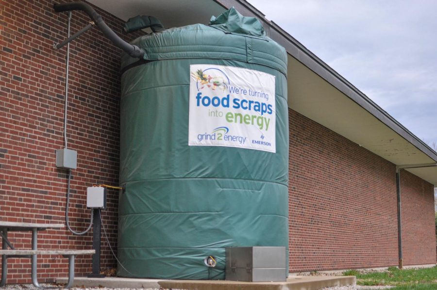 A Grind2Energy food scraps tank sits behind the Florida Avenue Residence hall building. 