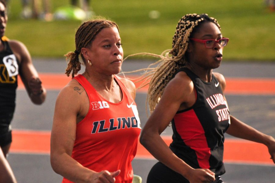 Senior Nya Carr runs during the 100 meter dash for the Illini Invitational on Saturday. The Illini will finish their regular season at the three-day Drake Relays in Iowa on Thursday. 
