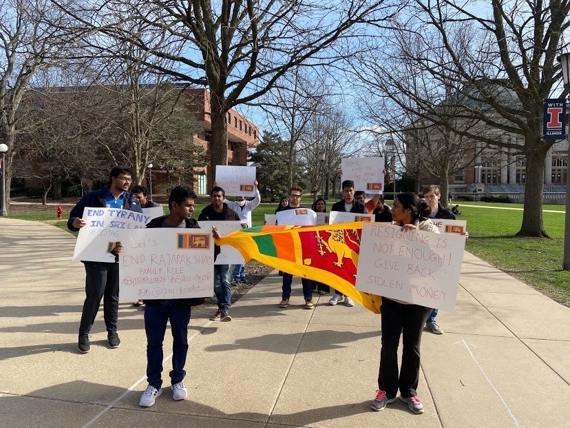 Protestors walk along the Main Quad in protest for Sri Lanka on April 3. Protestors on the Main Quad call for the resignation of the president of Sri Lanka Gotabaya Rajapaksa while also showing support for the people within Sri Lanka.

