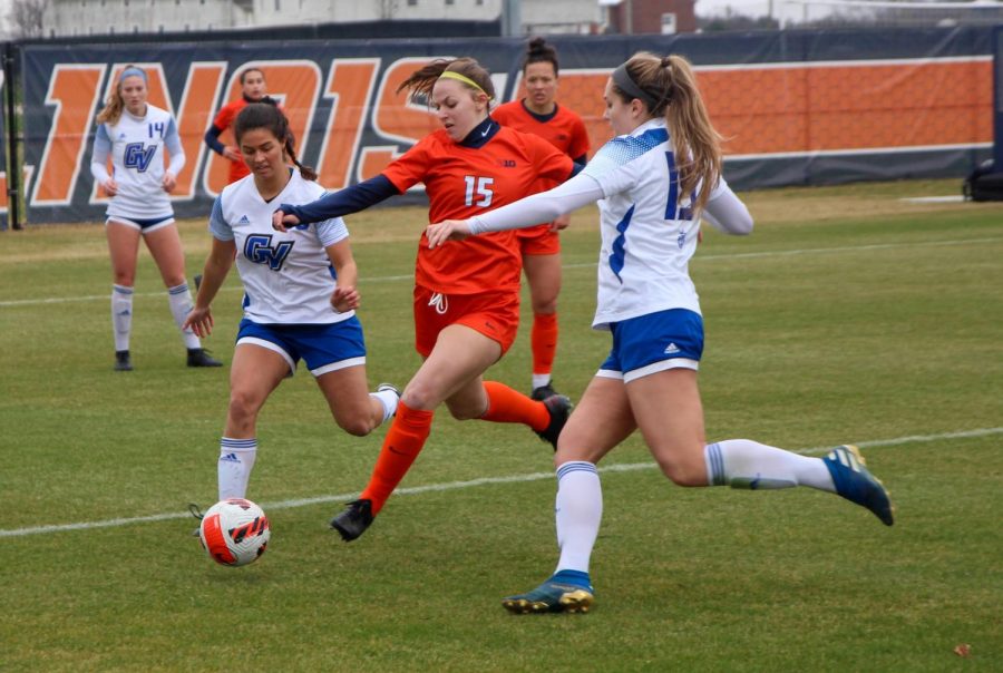 Sophomore forward Zoey Kollhoff attempts to steal the ball from Grand Valley State on April 2. The Illini will be up against Saint Louis for their final exhibition game on Saturday. 
