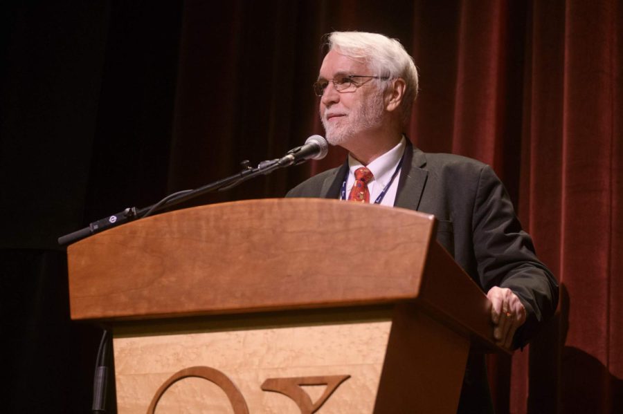 University of Illinois President Timothy Killeen speaks at the 21st Ebertfest on April 10, 2019. Ebertfest will be back for its 22nd year after being canceled in 2020. 