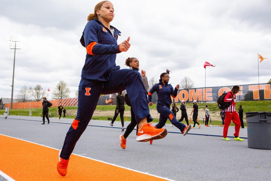 Senior Nya Carr warms up before the start of the Fighting Illini Big Ten Relays on April 24. The Illini will be away in Normal for the 2-day Red Bird Invite on Friday and Saturday. 