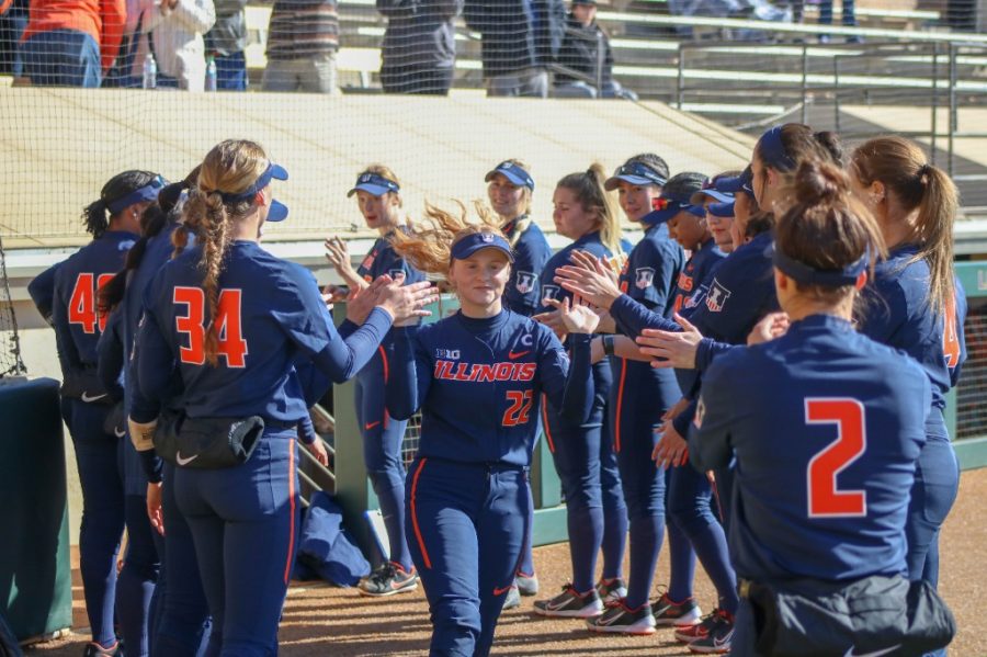 Senior infielder Avery Steiner walks up during introductions before the game against LSU on Feb. 13. The Illini won two of their three games against Minnesota over the weekend. 