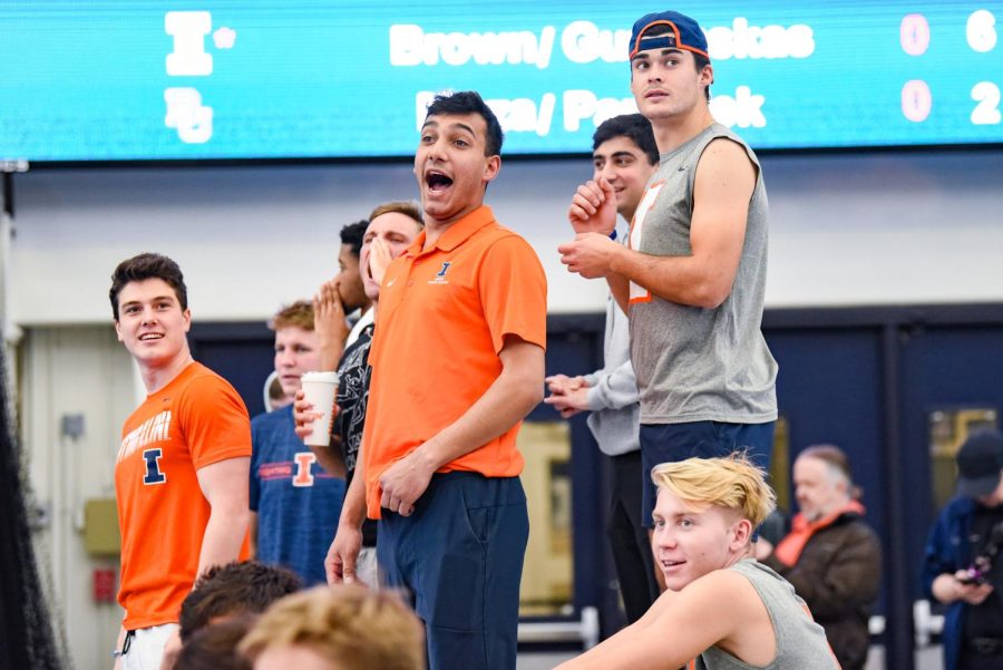 The Illinois mens tennis team cheers on from the sides of the courts during matches against Baylor at Atkins Tennis Center on March 4. Assistant sports editor James Kim goes in depth of the NCAAs poor selections for the championships with both Illinois teams not featured in the competition. 