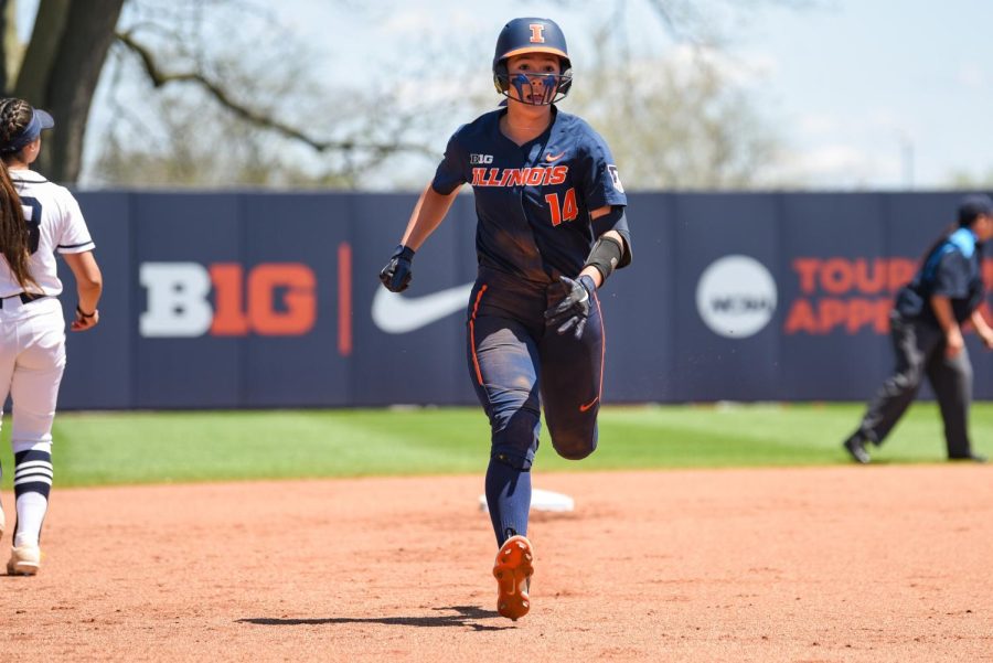Junior outfielder Kelly Ryono runs to the next base during the home game against Penn State on May 7. The Illini are eliminated from the NCAA Tournament following their first round losses to Arizona, 8-3, and Missouri State, 2-0. 