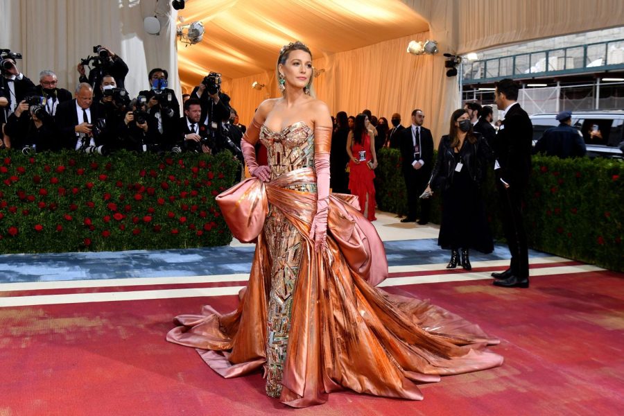 U.S. actress Blake Lively arrives at the Met Gala at the Metropolitan Museum of Art on Monday. The dress was a custom Versace made in recognition to New York City and the Statue of Liberty. 