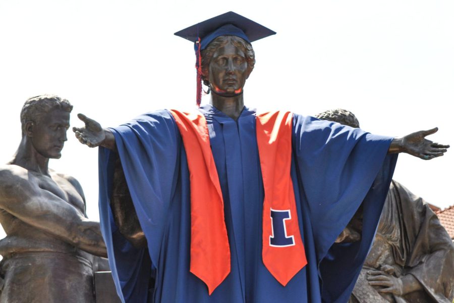 The+Alma+Mater+statue+is+seen+wearing+the+Universitys+graduation+cap%2C+gown+and+regalia+in+time+for+the+Class+of+2022s+Commencement+on+Saturday.+The+recent+graduates+look+back+on+their+college+experience+when+it+comes+to+the+pandemic+and+slow+return+to+normalcy+before+graduation.+