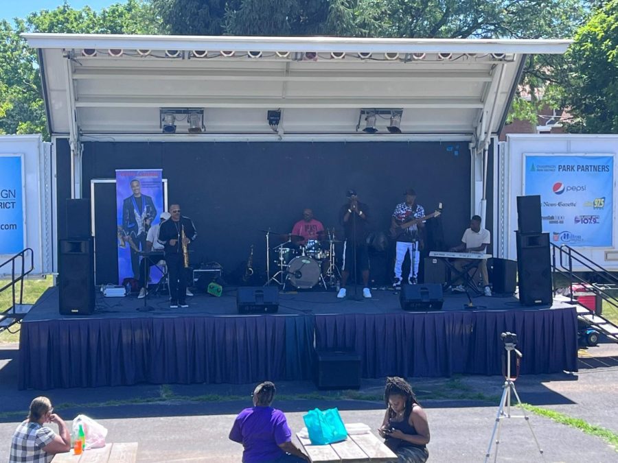 Community members play smooth jazz music at the Champaign Park District’s Juneteenth celebration at Douglas Park on Saturday. The district has hosted a Juneteenth celebration for 15 years.