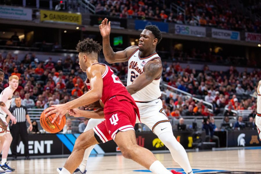 Former center Kofi Cockburn guards an Indiana player during the Big Ten Tournament first round game on March 11. Cockburn was recruited internationally from Jamaica in 2019.  