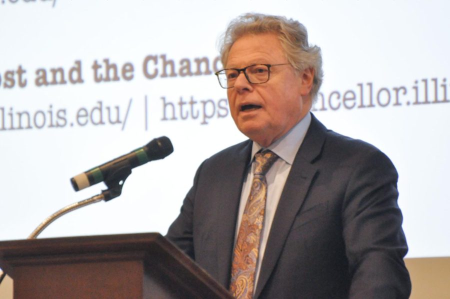 Former Provost Cangellaris speaks during Terrell Jermaine visit to campus for a Q&A on the war in Ukraine on April 19. 