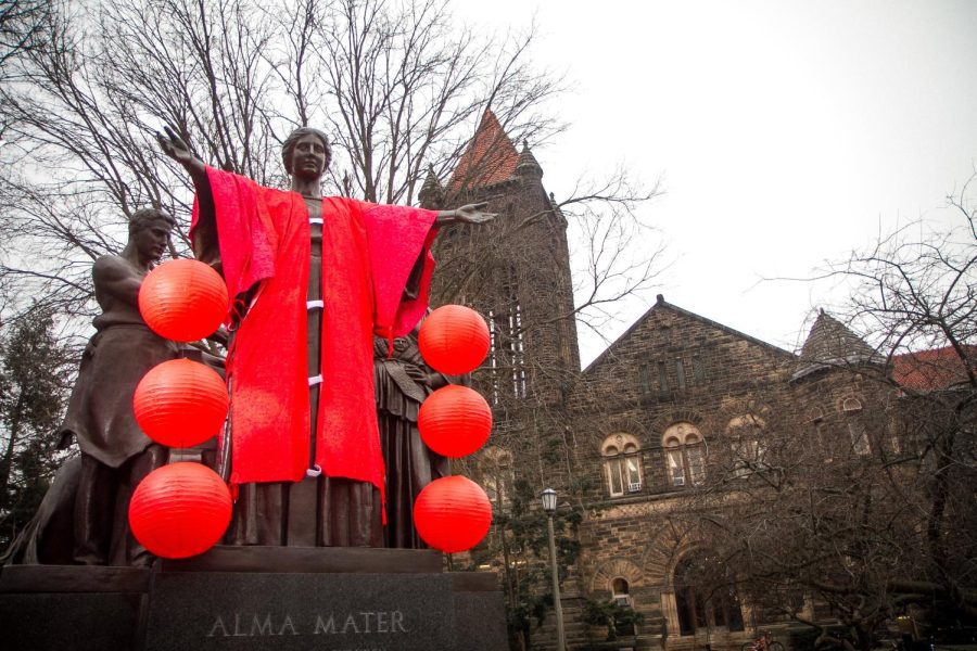 The Alma Mater statue is decorated in commemoration of Chinese New Year on Feb. 5, 2019. The University provides multiple resources for an individual to stay connected to their cultural heritage such as RSOs and cultural houses. 
