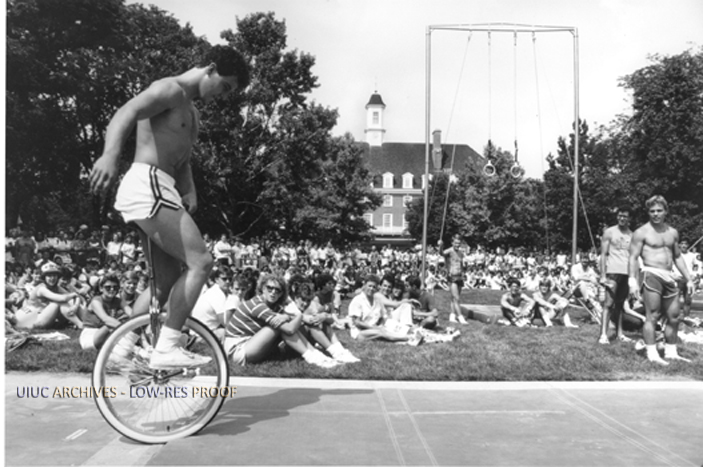 A University student rides a unicycle on the Main Quad for Quad Day in the ‘70s. This Sundays Quad Day makes it the 51st one for the University. 
