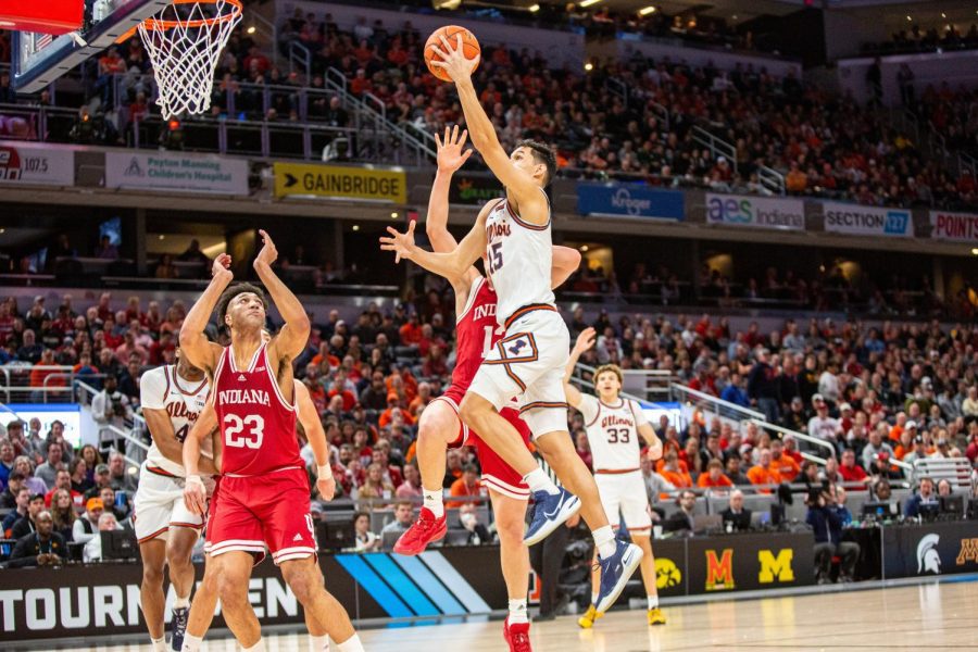 Sophomore guard RJ Melendez goes for the lay up during the Big Ten Tournament game against Indiana on March 11. Brad Underwood, Illinois mens basketball head coach, discusses Melendezs impressive 30-pound weight increase.
