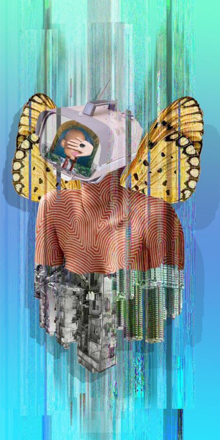 Collage piece, Madame Butterfly by Stacey Robinson presents a human-like figure with a security camera for a head and butterfly wings that transition down to urban architecture on a vertical blue gradient background.