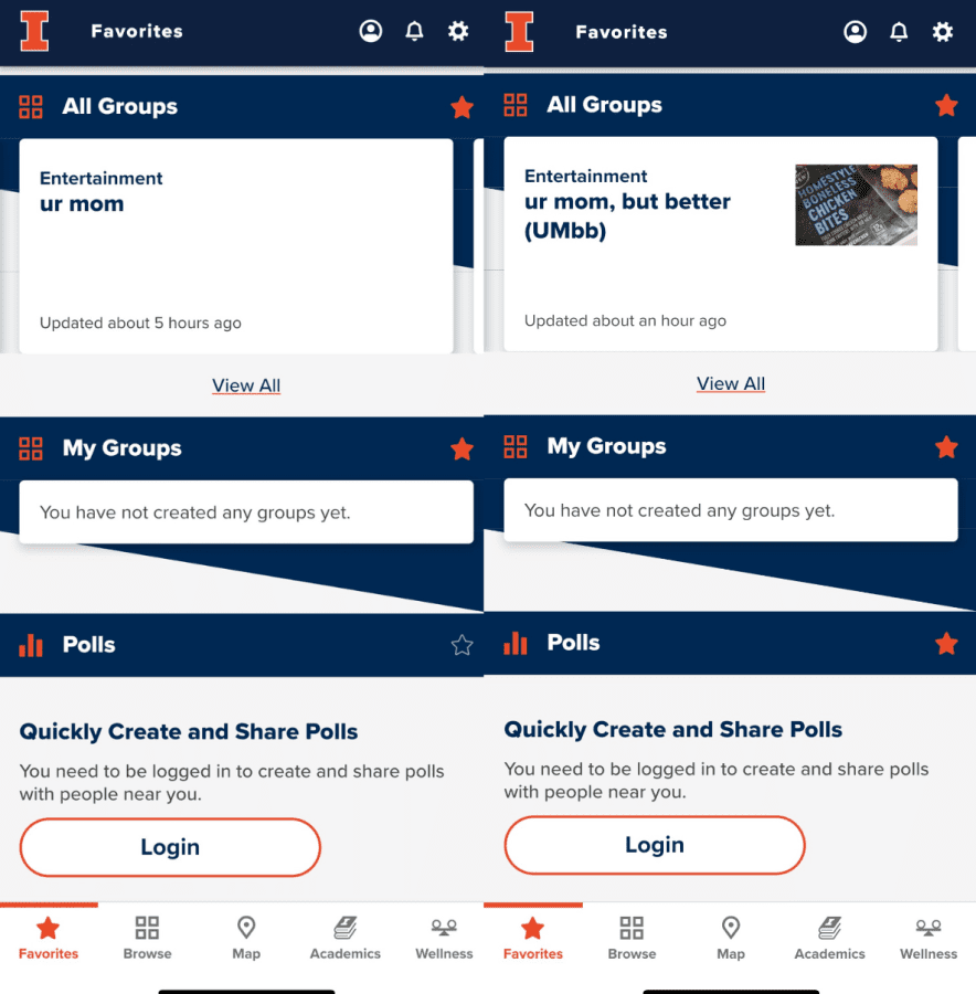 Screenshots of the Illinois app show two student-created groups that mock the classic your mom joke. 