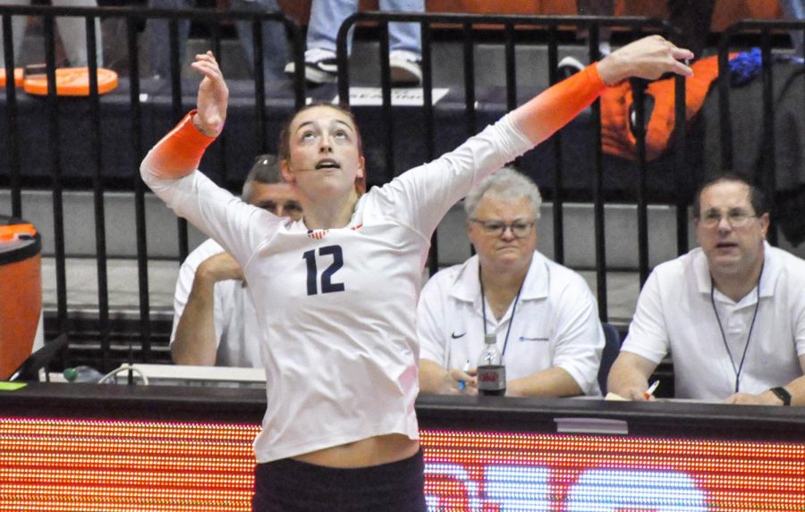 Junior outside hitter Raina Terry prepares to hit the ball during the game against Maryland on Friday. The Illini won both back-to-back home games against Maryland, 3-1, and sweeping Northwestern, 3-0. 