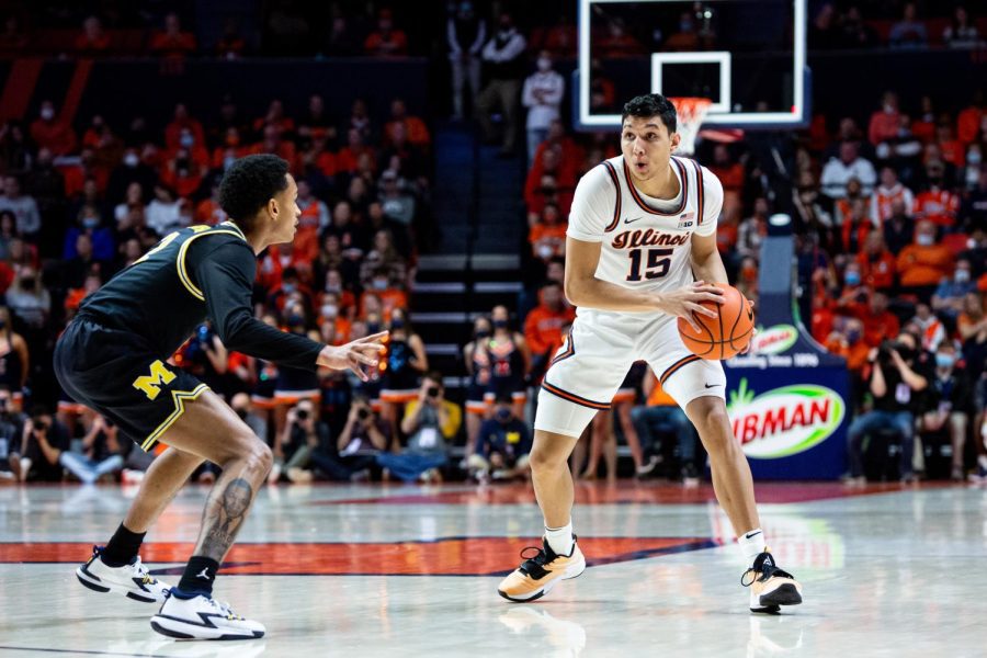 Sophomore guard RJ Melendez looks to pass the ball during the game against Michigan on Jan. 14.