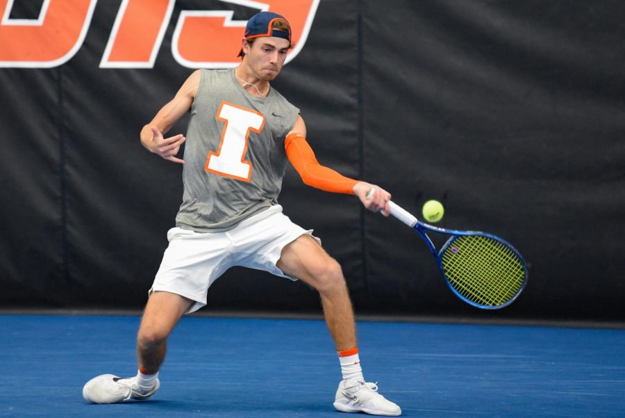 Graduate+student+Nic+Meister+hits+the+ball+during+his+match+up+against+Purdue+on+April+24.+The+Illini+wrap+up+their+time+at+the+Knoxville+Showdown+this+past+weekend.+