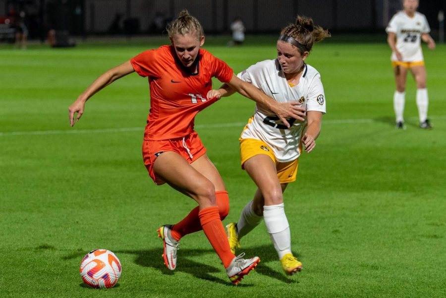 Senior defense Aleah Treiterer steals the ball from a Missouri opponent on Thursday. The Illini will be going up against rival Loyola on Sunday.  